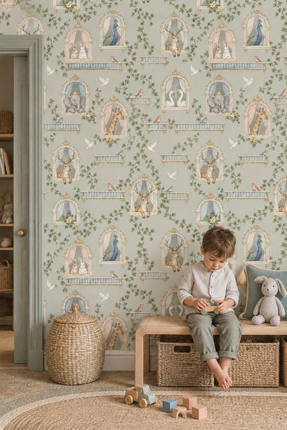 Fairy Tale Palace Animals Wallpaper Muted Green Watercolor