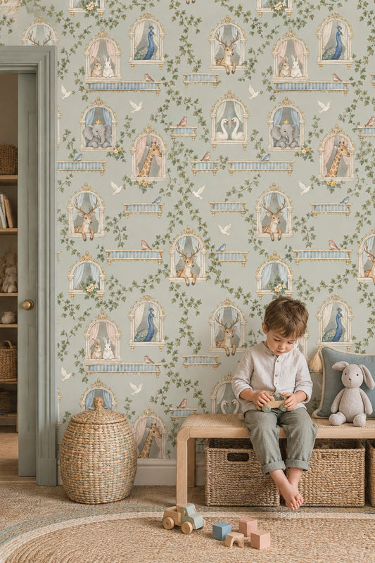 Fairy Tale Palace Animals Wallpaper Muted Green Watercolor