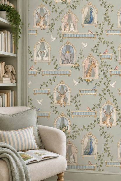 Fairy Tale Palace Animals Wallpaper Muted Green Watercolor