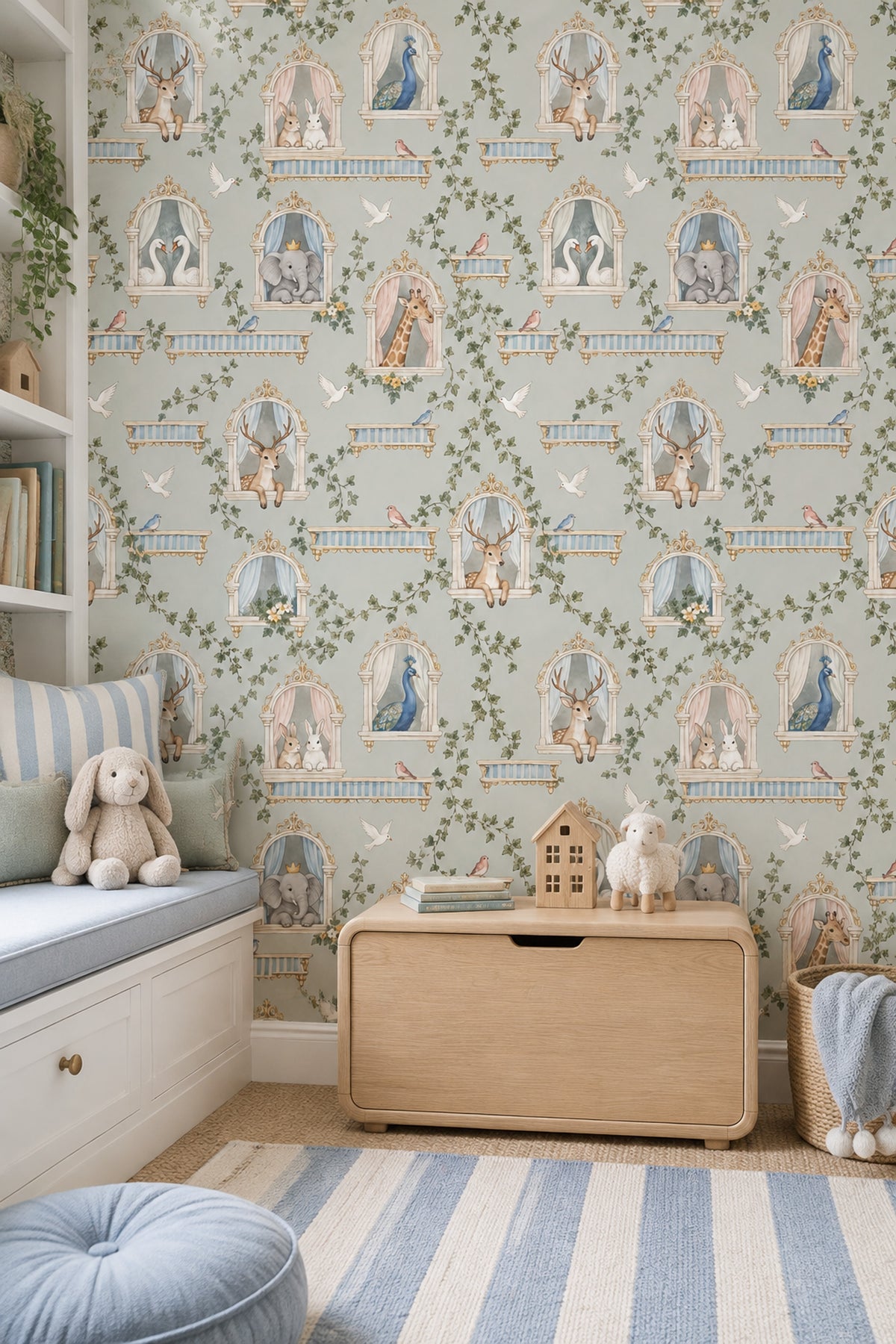 Fairy Tale Palace Animals Wallpaper Muted Green Watercolor