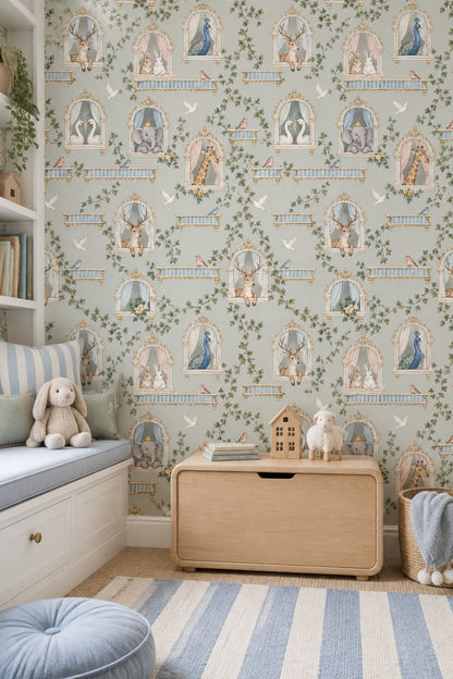 Fairy Tale Palace Animals Wallpaper Muted Green Watercolor