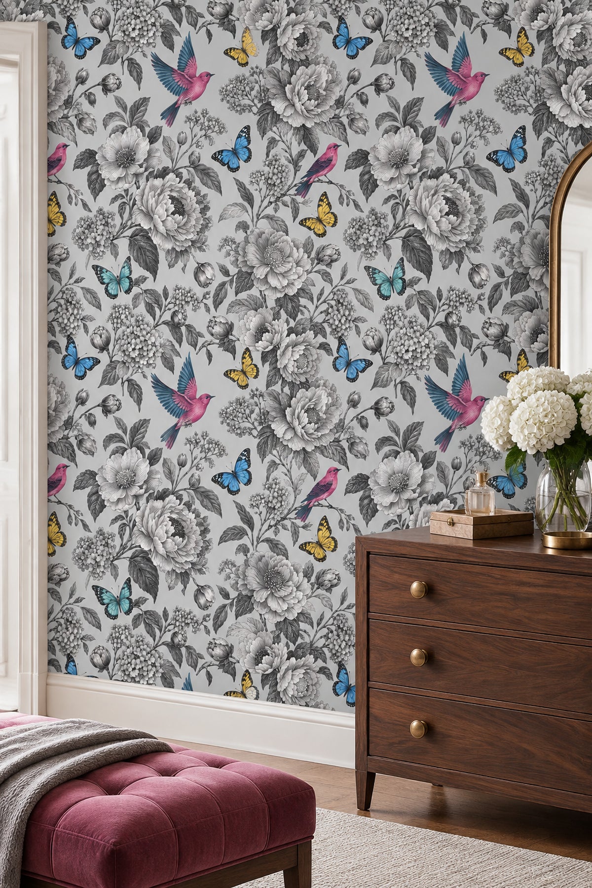 Vintage Flowers Birds And Butterflies Wallpaper Gray Botanical Illustration