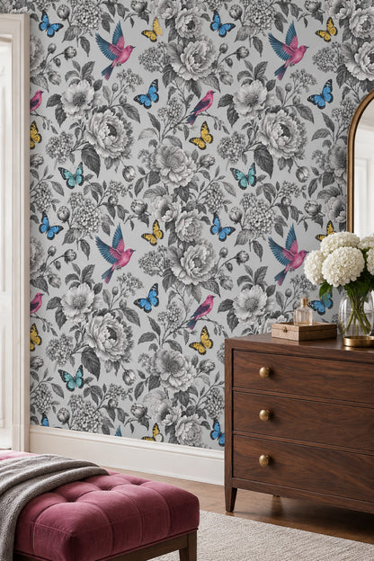 Vintage Flowers Birds And Butterflies Wallpaper Gray Botanical Illustration
