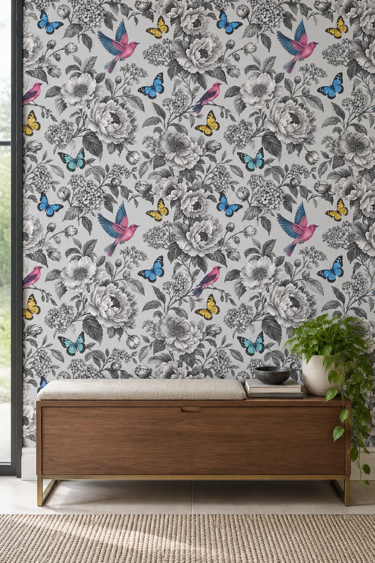 Vintage Flowers Birds And Butterflies Wallpaper Gray Botanical Illustration