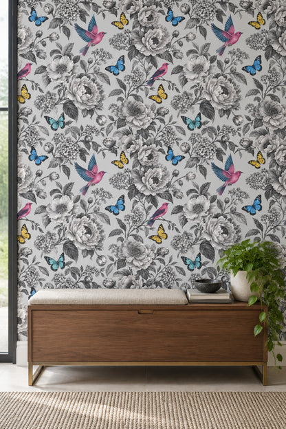 Vintage Flowers Birds And Butterflies Wallpaper Gray Botanical Illustration