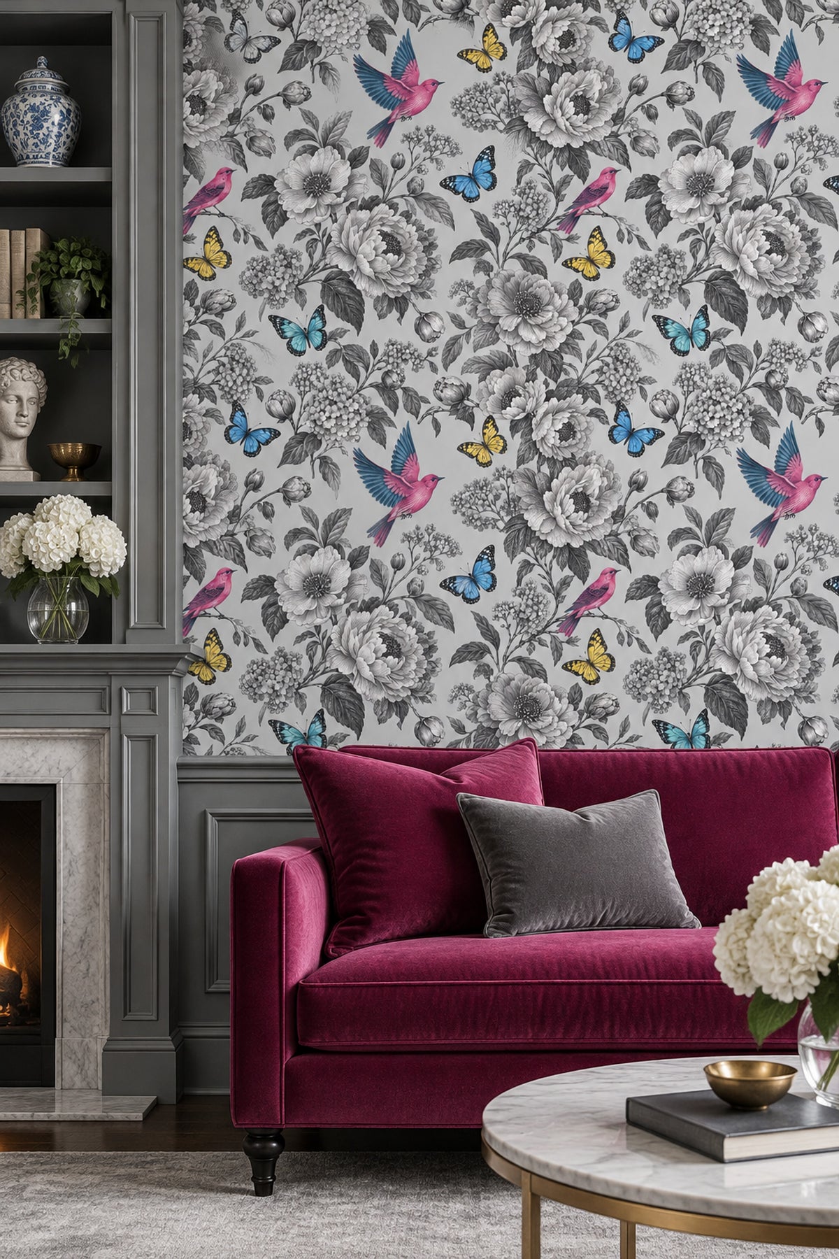 Vintage Flowers Birds And Butterflies Wallpaper Gray Botanical Illustration