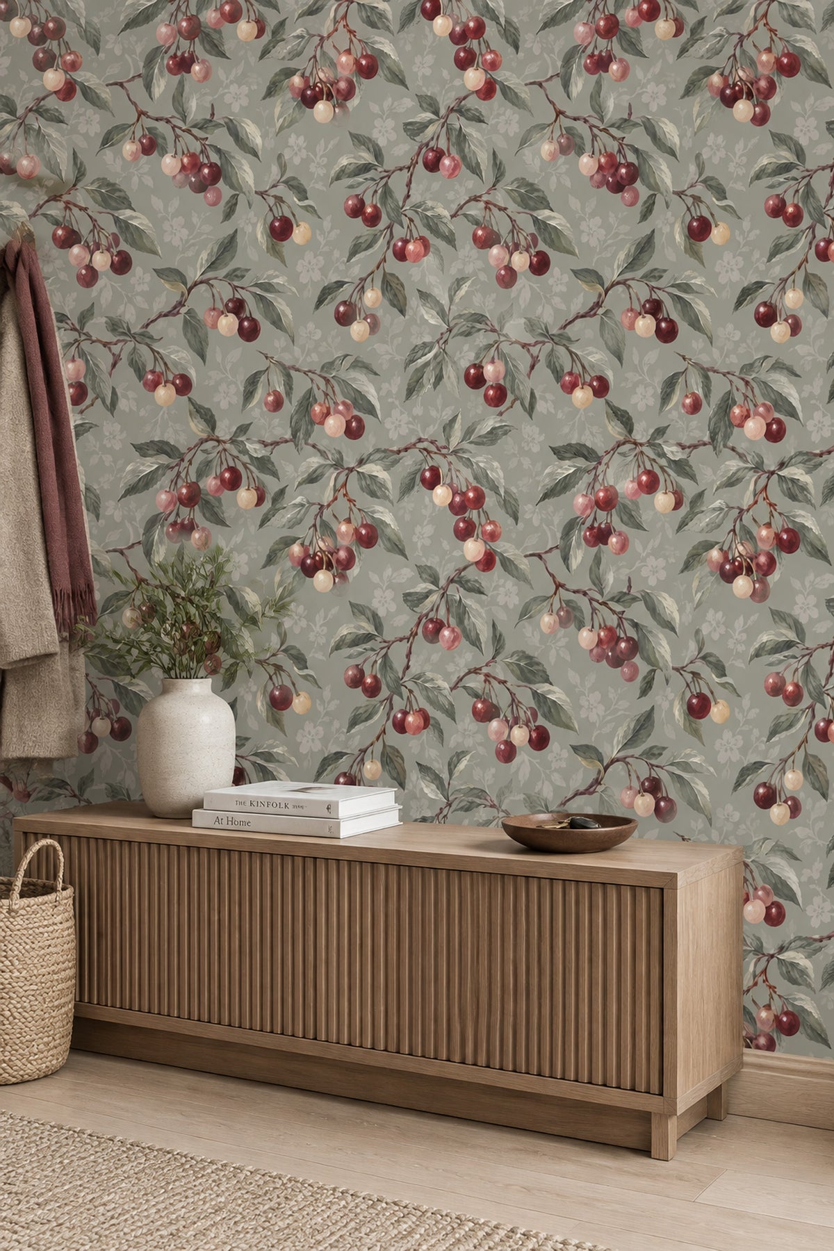 Cherry Branches Wallpaper Vintage Botanical Sage Gray
