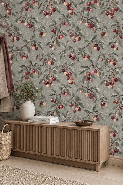 Cherry Branches Wallpaper Vintage Botanical Sage Gray