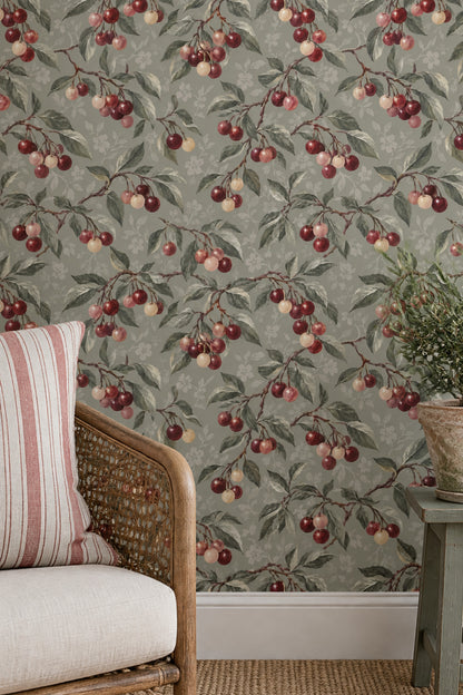 Cherry Branches Wallpaper Vintage Botanical Sage Gray