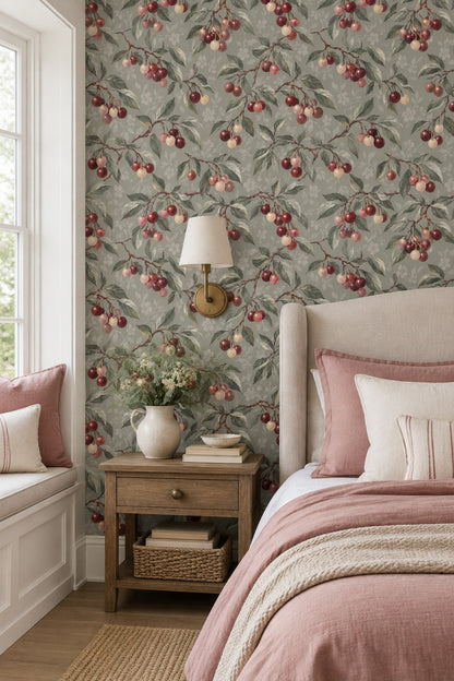 Cherry Branches Wallpaper Vintage Botanical Sage Gray