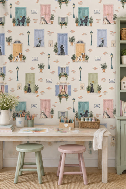 French Street Dogs Wallpaper Pastel Door Watercolor