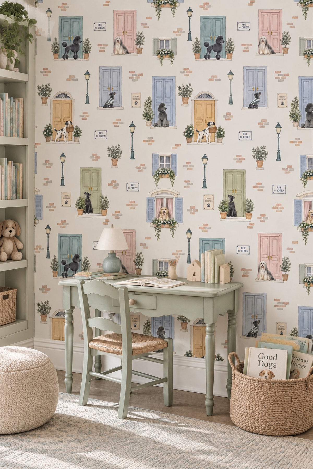 French Street Dogs Wallpaper Pastel Door Watercolor