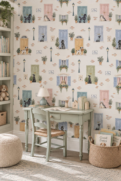 French Street Dogs Wallpaper Pastel Door Watercolor