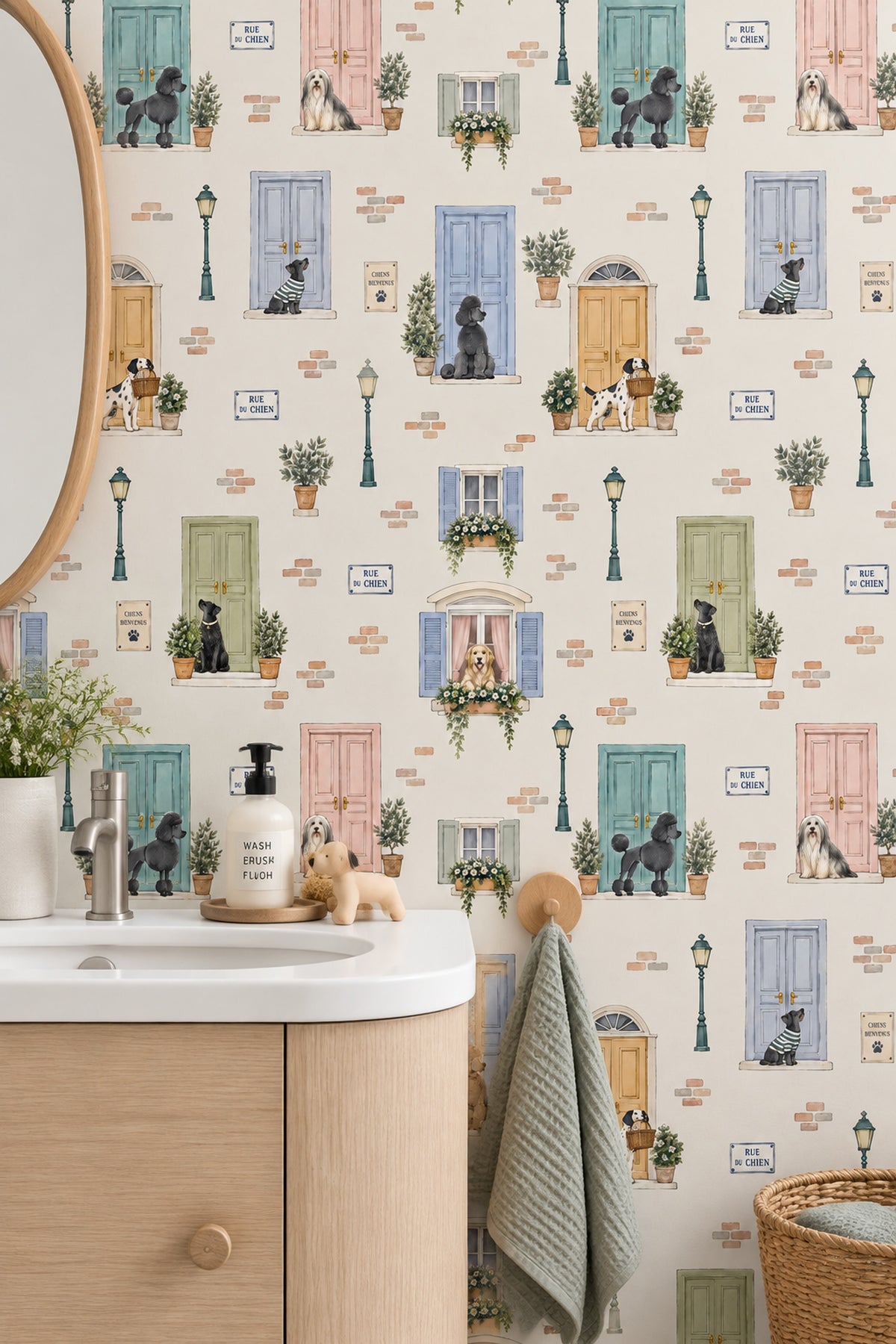 French Street Dogs Wallpaper Pastel Door Watercolor