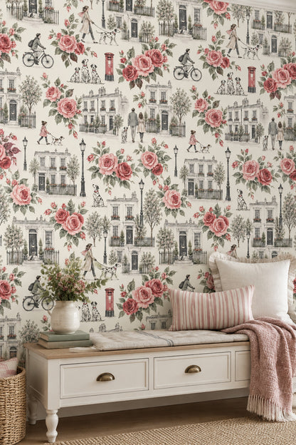 Pink Roses Townhouse Wallpaper Toile Street Scene Cream