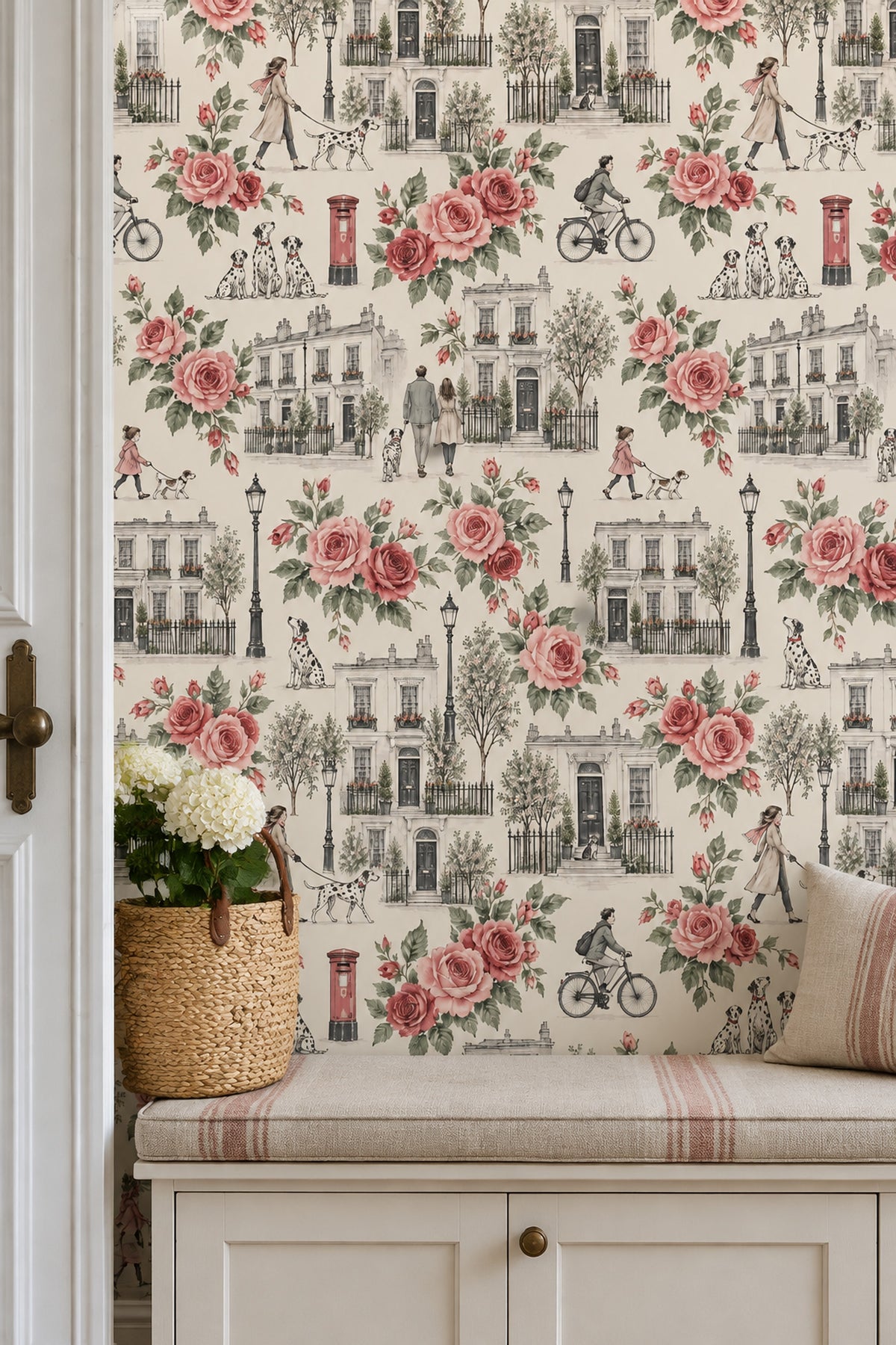 Pink Roses Townhouse Wallpaper Toile Street Scene Cream