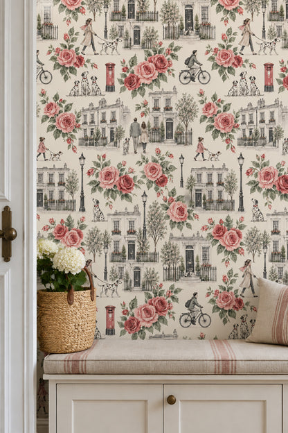 Pink Roses Townhouse Wallpaper Toile Street Scene Cream