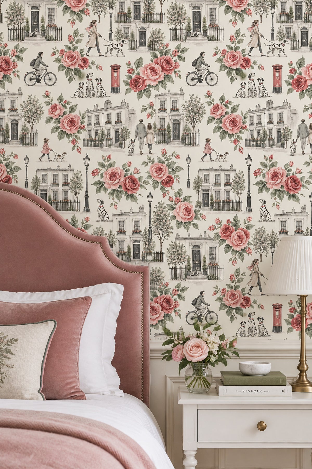 Pink Roses Townhouse Wallpaper Toile Street Scene Cream