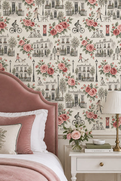 Pink Roses Townhouse Wallpaper Toile Street Scene Cream