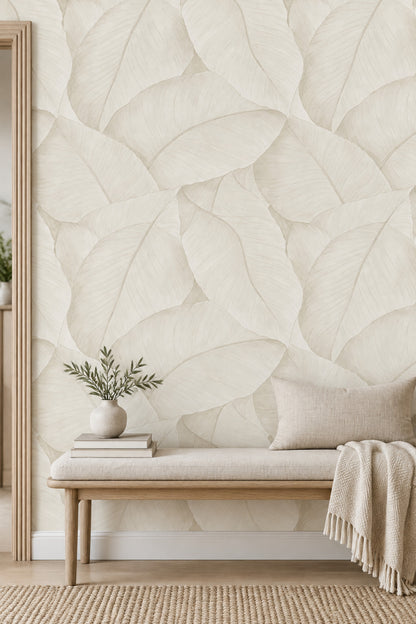 Layered Botanical Leaves Wallpaper Cream Ivory Neutrals