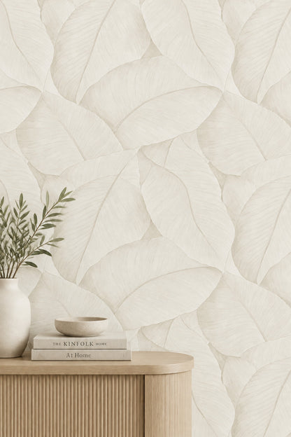 Layered Botanical Leaves Wallpaper Cream Ivory Neutrals