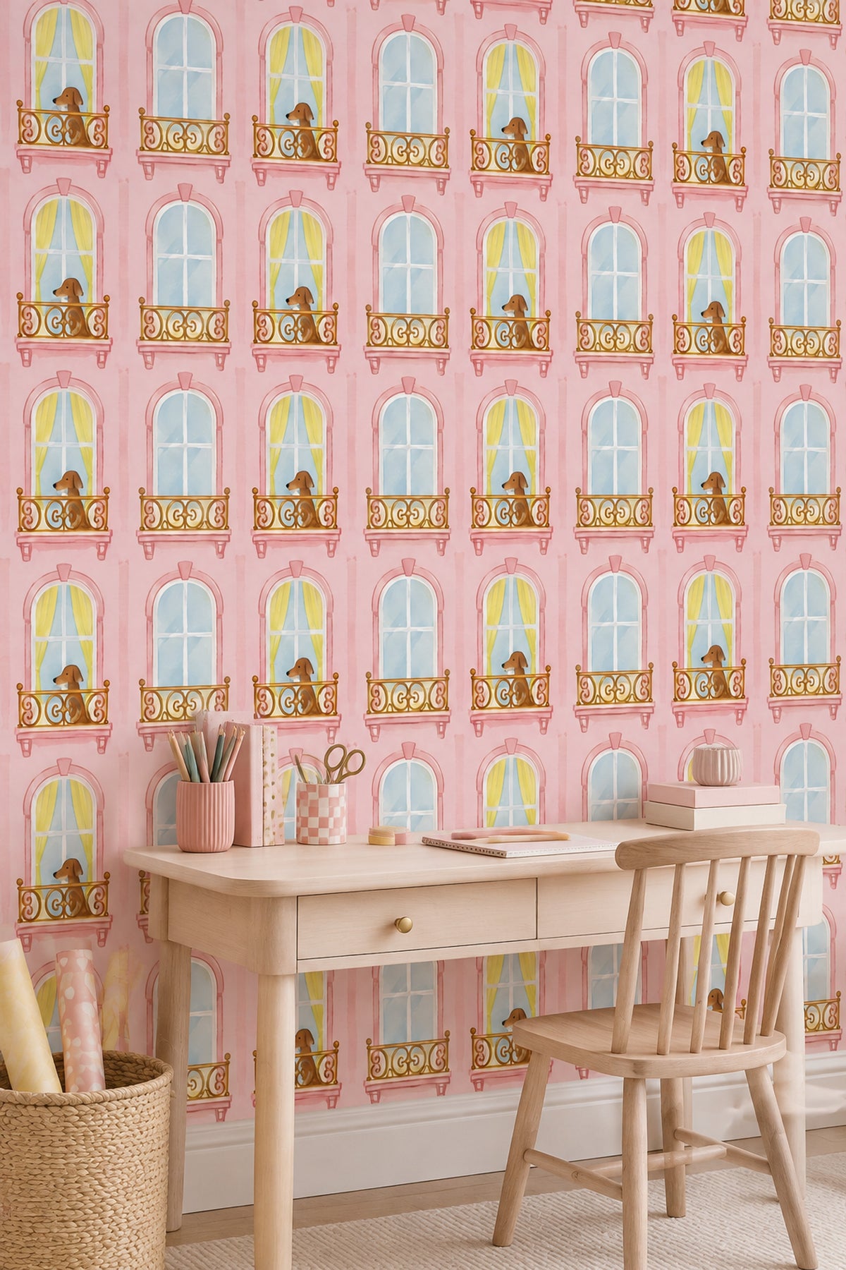 Dogs On Pink Parisian Balcony Wallpaper Pastel Watercolor