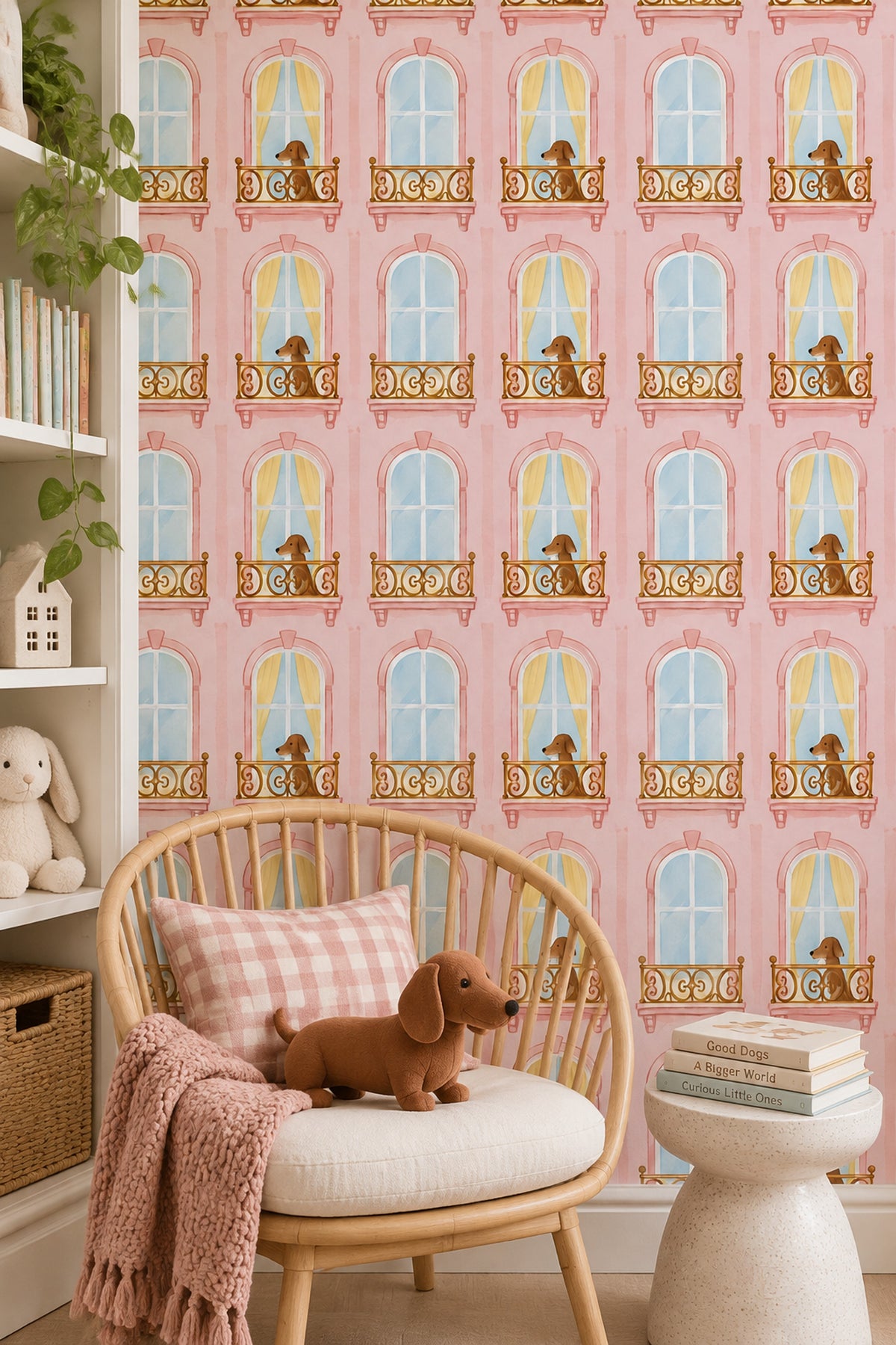 Dogs On Pink Parisian Balcony Wallpaper Pastel Watercolor
