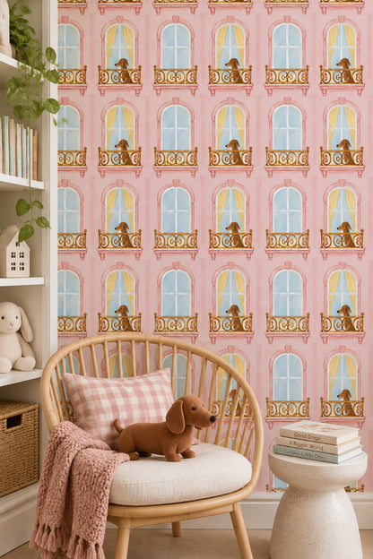 Dogs On Pink Parisian Balcony Wallpaper Pastel Watercolor
