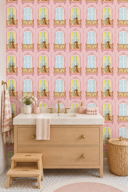 Dogs On Pink Parisian Balcony Wallpaper Pastel Watercolor