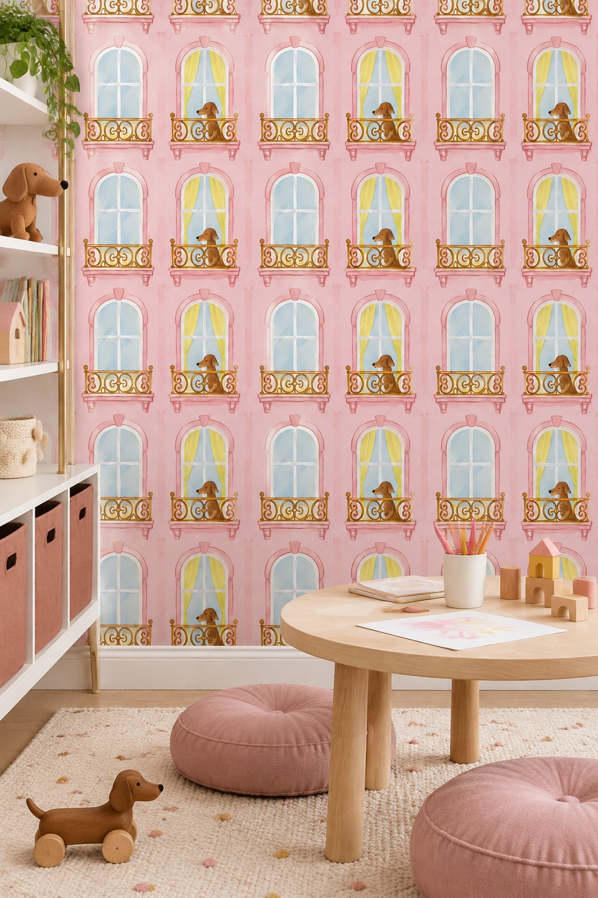 Dogs On Pink Parisian Balcony Wallpaper Pastel Watercolor