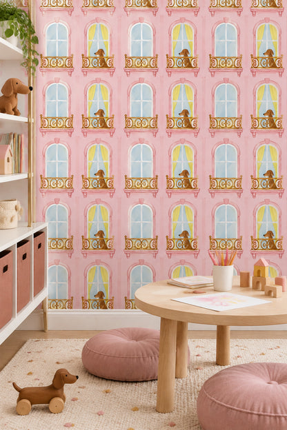 Dogs On Pink Parisian Balcony Wallpaper Pastel Watercolor
