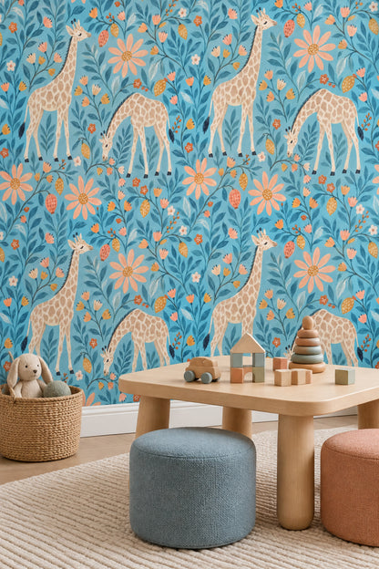 Whimsical Giraffe Floral Wallpaper Blue Background