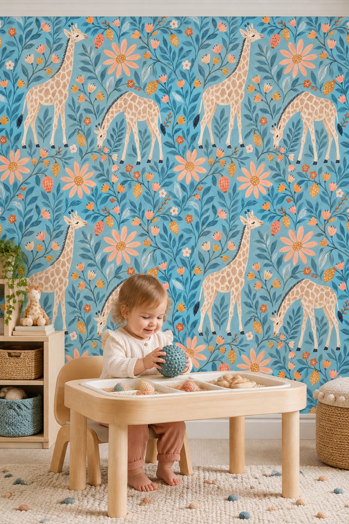 Whimsical Giraffe Floral Wallpaper Blue Background