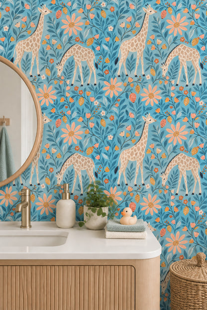 Whimsical Giraffe Floral Wallpaper Blue Background