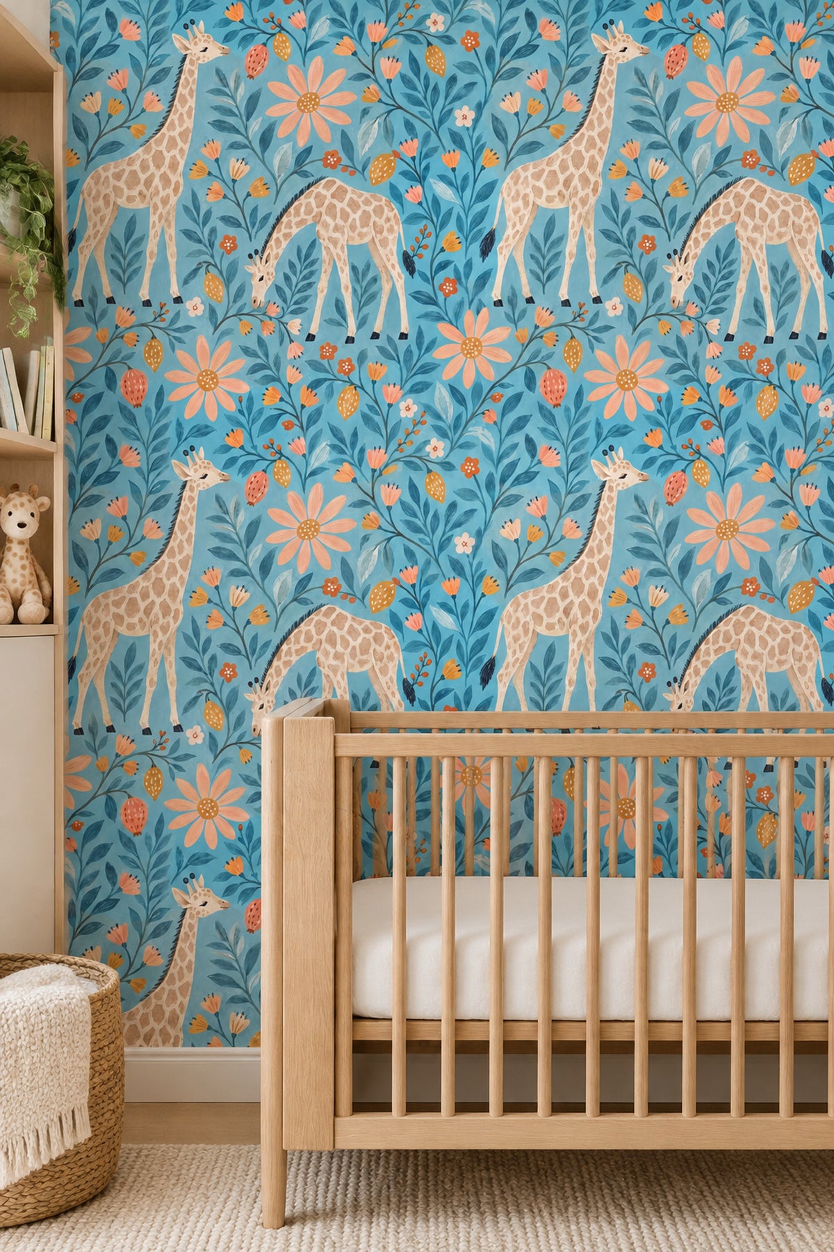 Whimsical Giraffe Floral Wallpaper Blue Background