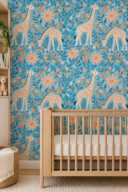 Whimsical Giraffe Floral Wallpaper Blue Background