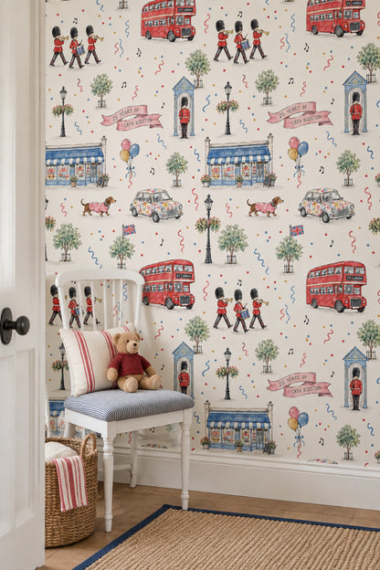London Double Decker Bus Guards Wallpaper Watercolor Celebration