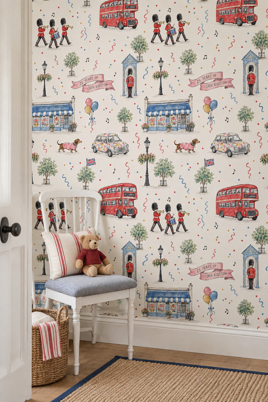 London Double Decker Bus Guards Wallpaper Watercolor Celebration