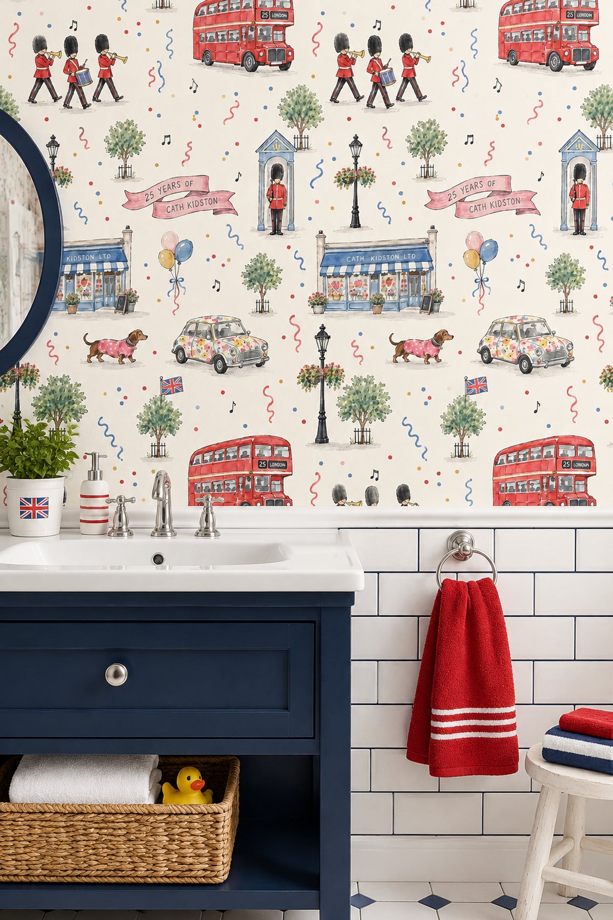 London Double Decker Bus Guards Wallpaper Watercolor Celebration