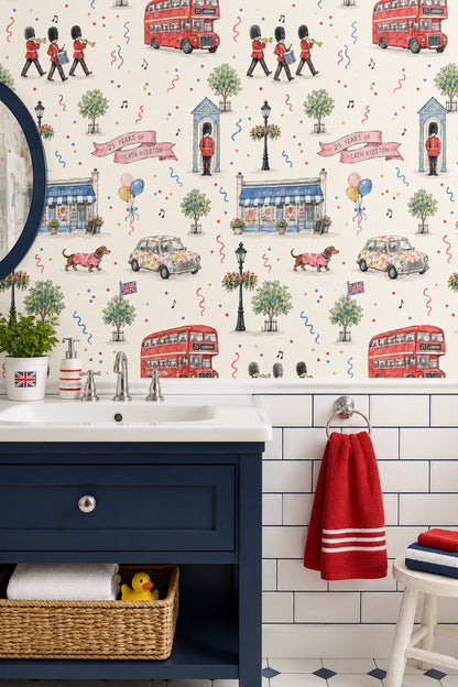 London Double Decker Bus Guards Wallpaper Watercolor Celebration