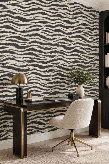 Zebra Print Wallpaper Black And Ivory Wavy Stripes