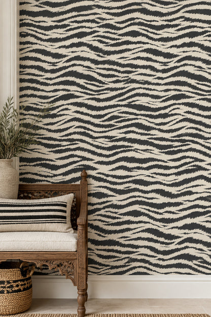 Zebra Print Wallpaper Black And Ivory Wavy Stripes
