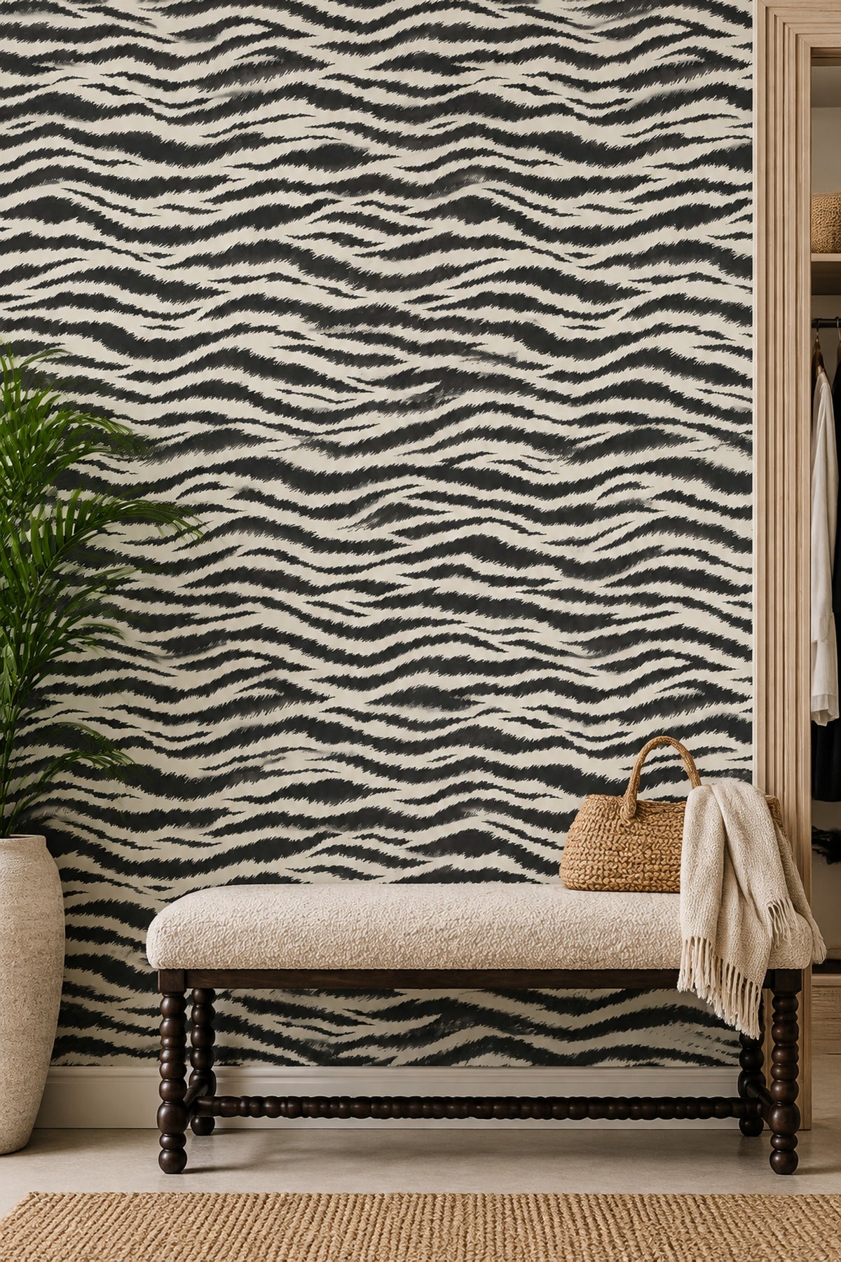 Zebra Print Wallpaper Black And Ivory Wavy Stripes