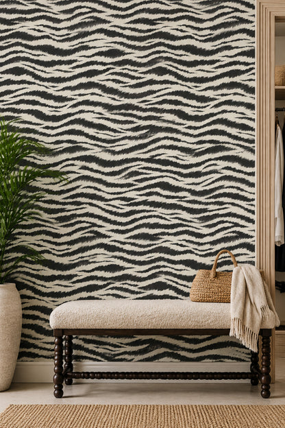 Zebra Print Wallpaper Black And Ivory Wavy Stripes
