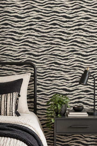 Zebra Print Wallpaper Black And Ivory Wavy Stripes