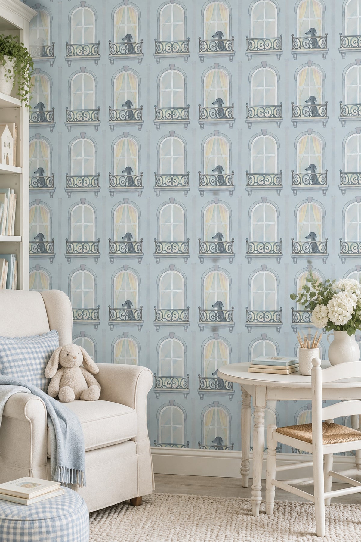 Gray Dogs On Parisian Balconies Wallpaper Powder Blue Watercolor
