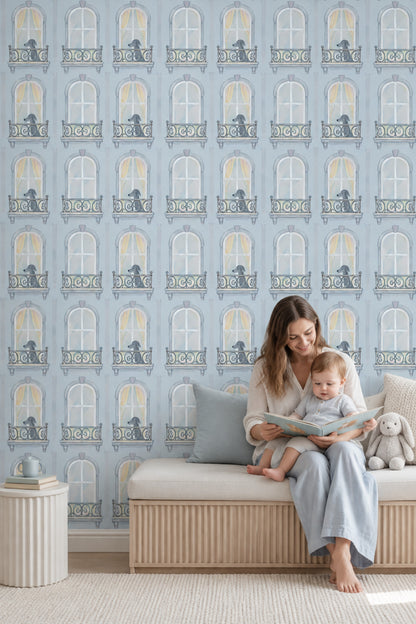 Gray Dogs On Parisian Balconies Wallpaper Powder Blue Watercolor