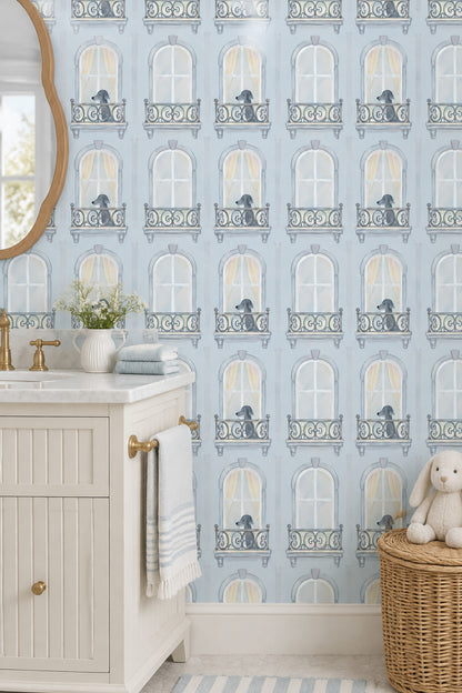 Gray Dogs On Parisian Balconies Wallpaper Powder Blue Watercolor