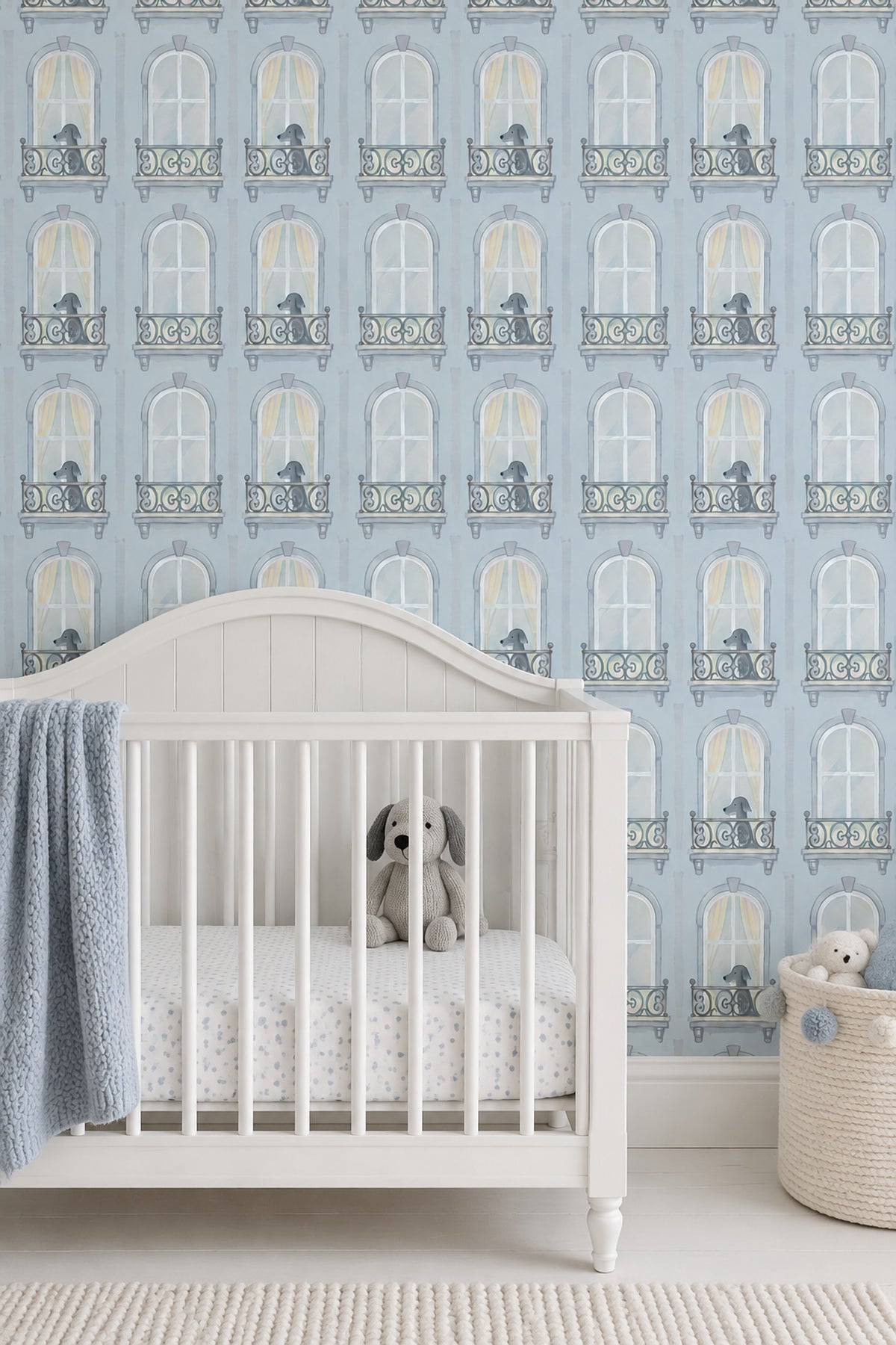 Gray Dogs On Parisian Balconies Wallpaper Powder Blue Watercolor