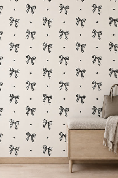 Bow Wallpaper Striped Ribbon And Dot Pattern On Ivory